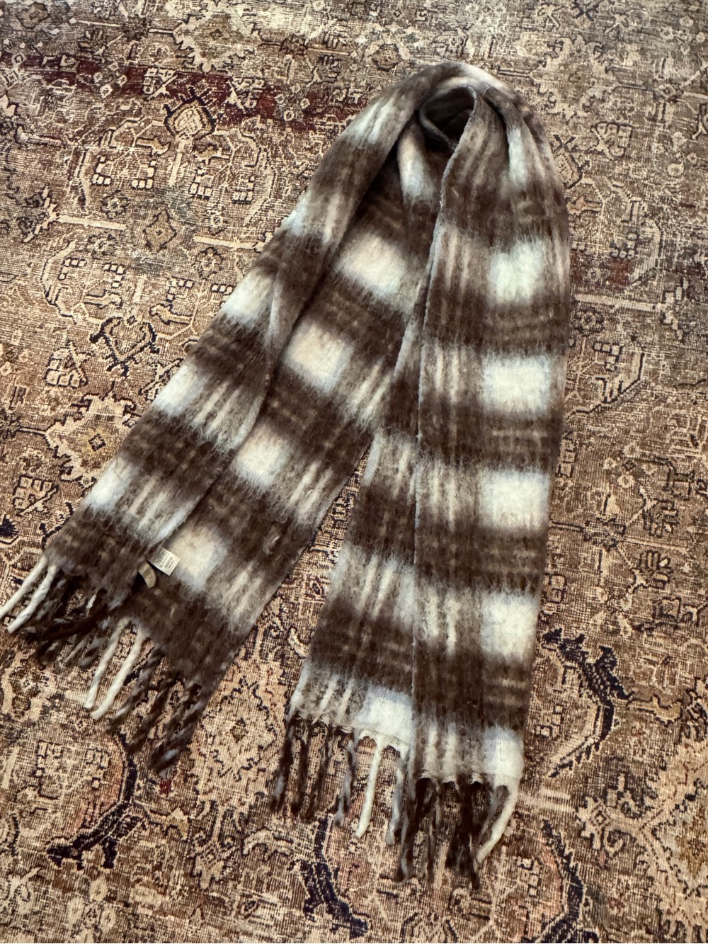 LOFT Cozy Plaid Fringe Scarf in Brown & Cream/Powder Blue